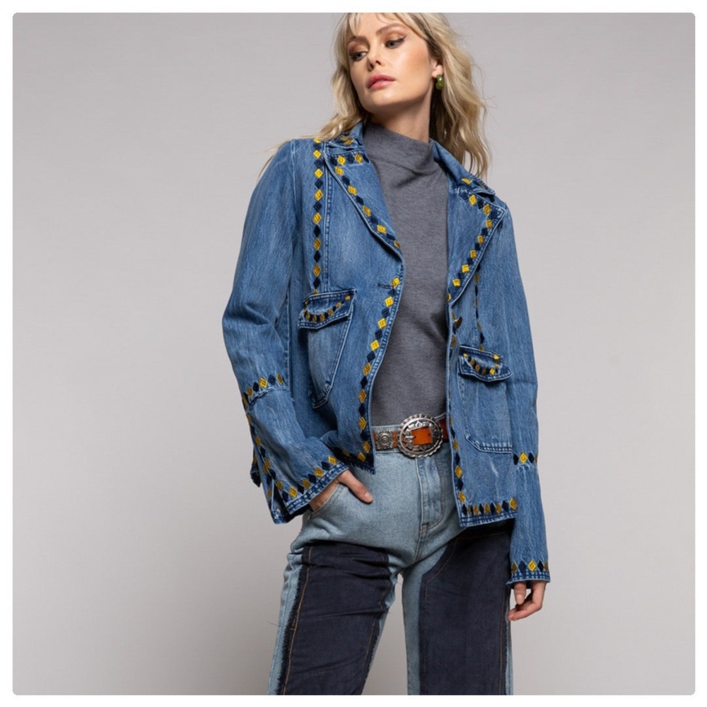 POL 70's Vintage Tribal Embroidered Denim Jacket - Picture 6 of 11